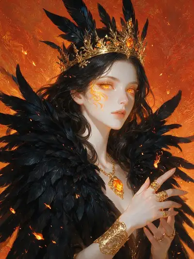 Regal Fire Queen Portrait with Obsidian Crown