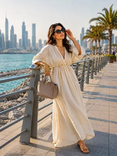 Stylish Arab woman walking the Abu Dhabi Corniche at golden hour
