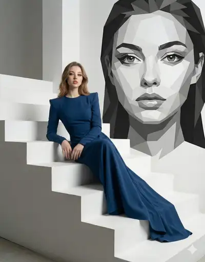 Luxus-Mode-Editorial-Porträt auf architektonischer Treppe mit polygonaler Wandkunst