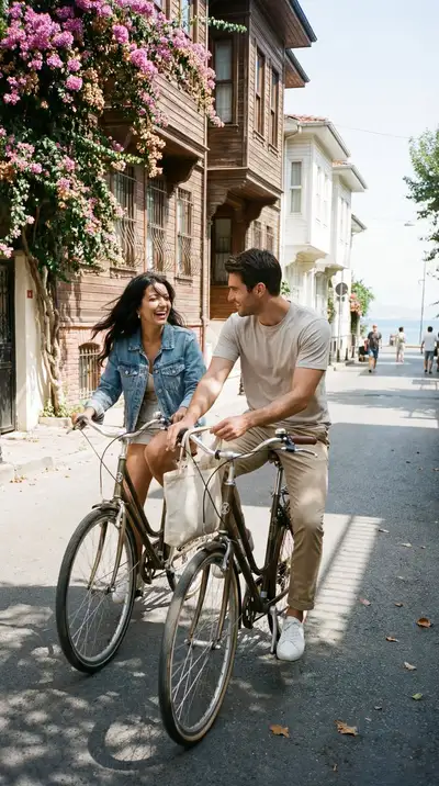 Spontanes Filmstill-Foto eines Paares beim Radfahren auf der Insel Büyükada