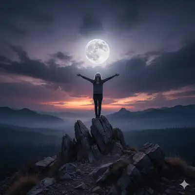Frau auf felsiger Klippe unter einem riesigen Vollmond