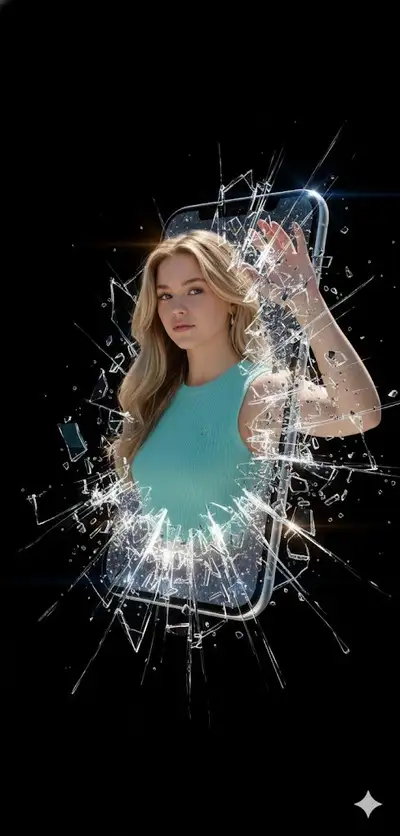 Prompt de arte digital de uma mulher rompendo a tela de um smartphone