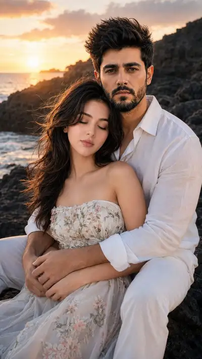 Golden Hour Coastal Couple Portrait Prompt