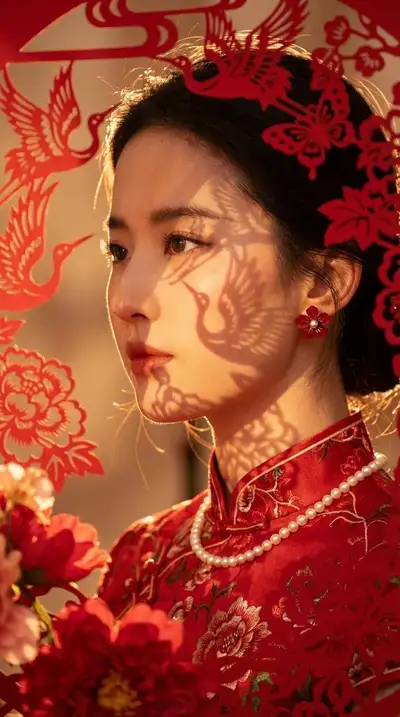 New Chinese-style festive portrait in a red cheongsam