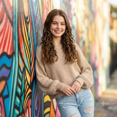 Ultra-realistic portrait of young woman against graffiti wall
