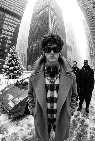 Black-and-white street fashion editorial with three men and a sports car