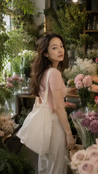 Candid Photorealistic Park Photo Looking at Flowers