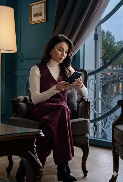 Sophisticated Woman in Burgundy Armchair