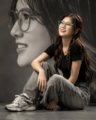 Hyper-realistic editorial portrait with double-portrait composition