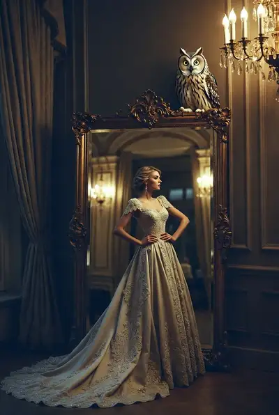 Majestic Woman with Owl and Ornate Mirror Portrait