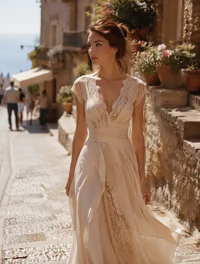 Cream couture dress fashion shot on a Mediterranean village street