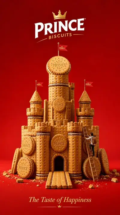 Pôster publicitário surreal de castelo dourado de biscoitos