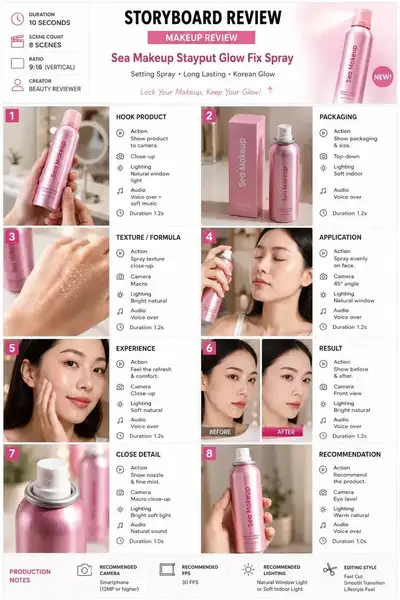 8-scene vertical video storyboard for a beauty product review