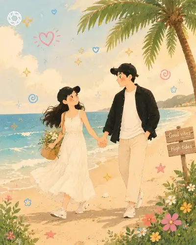 Dreamy pastel illustrated couple scene prompt
