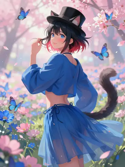 Kimi in Pink Butterfly Flower Sea - Painterly Anime