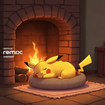 Pikachu Napping by Cozy Fireplace