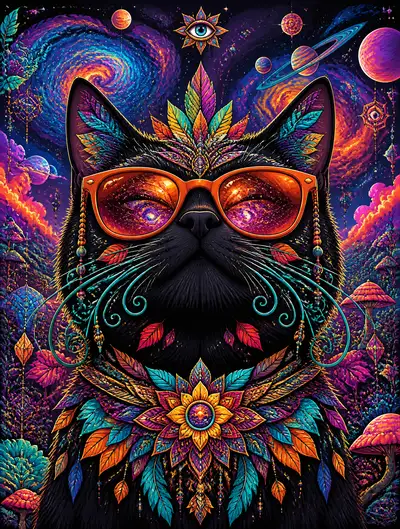 Psychedelic Vector Cat with Cosmic Feather Crown