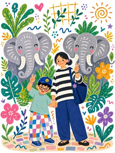 Kawaii-Bilderbuch-Verwandlung von Mutter und Kind mit Elefanten