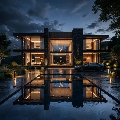 Ultra-realistic luxury mansion exterior, day and night versions