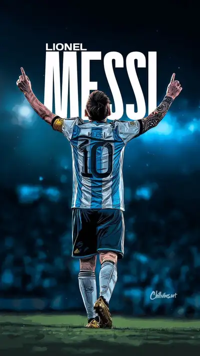 Messi rear-view celebration illustration with bold typography