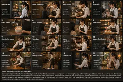 Storyboard cinematográfico de 16 painéis sobre a rotina diária de um dono de cafeteria