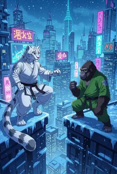 Combat d'Anime entre un Léopard des Neiges et un Gorille Cyberpunk