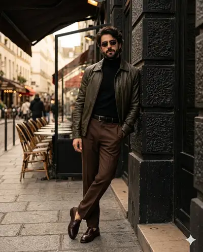Kinoreifes Street-Style-Porträt eines Mannes in Lederjacke