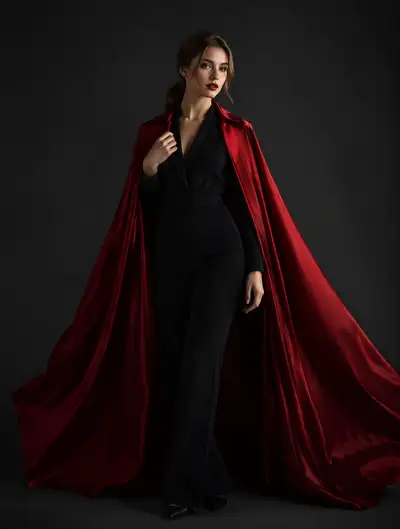 Woman in black jumpsuit with crimson cape editorial portrait