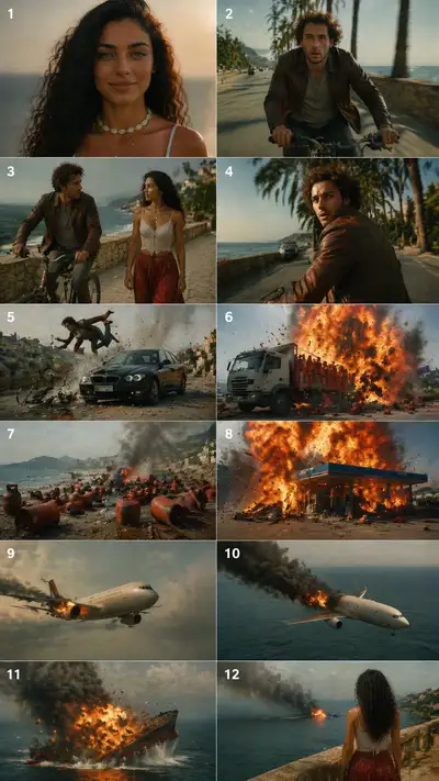 Twelve panel cinematic disaster thriller storyboard