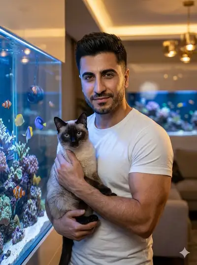 Pakistani Man with Siamese Cat in Luxurious Living Room