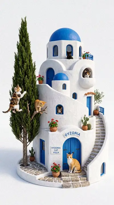 Luxury architectural cat house template with kittens