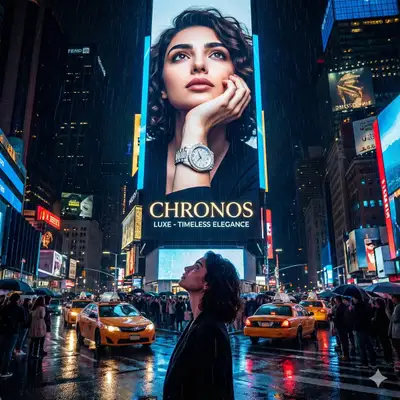 Campaña publicitaria en una valla de Times Square lluviosa protagonizada por tu propia foto