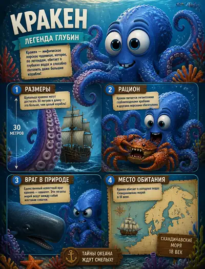 Pixar-style educational infographic about a Kraken for kids