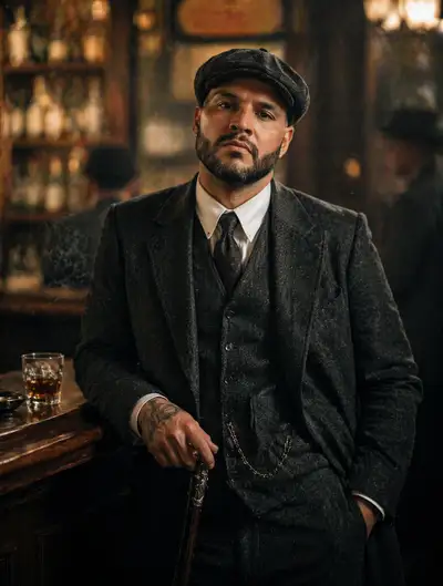 Peaky Blinders style portrait leaning on a 1920s bar table