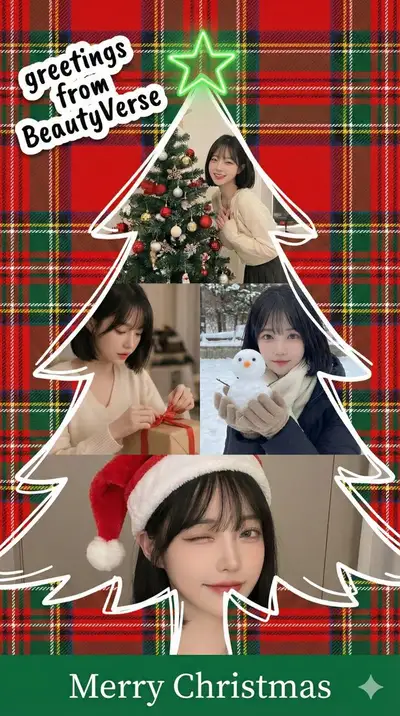 Colagem de fotos em forma de árvore de Natal com cantos de adesivos de scrapbook
