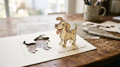 Whimsical paper cutout dog figure asking 'you created me?'