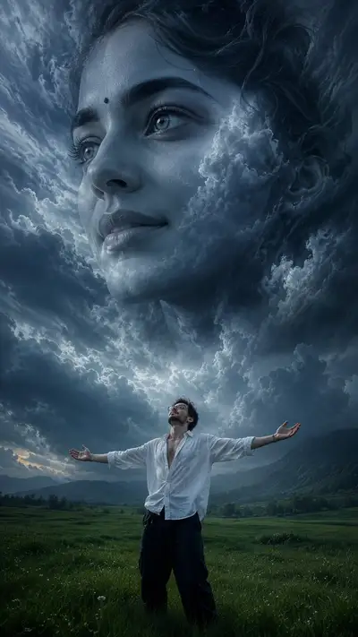 Homme dans une prairie orageuse sous un visage géant de nuages
