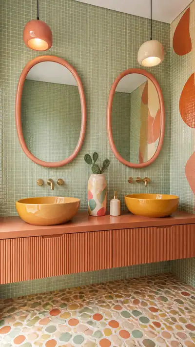 Playful Maximalist Bathroom Interior with Sage and Terracotta