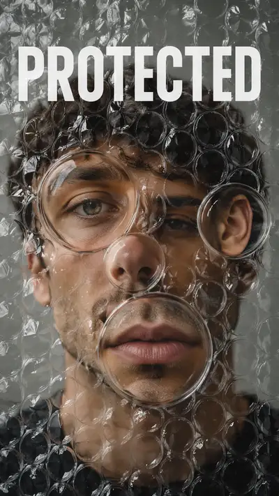 Portrait fragmented behind transparent bubble wrap
