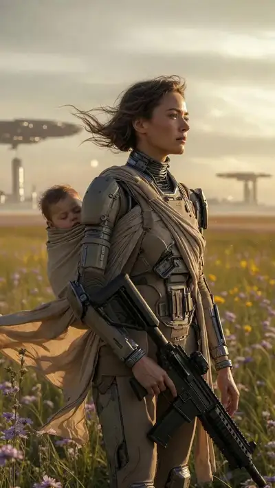 Cinematic Futuristic Warrior Mother in Flower Field