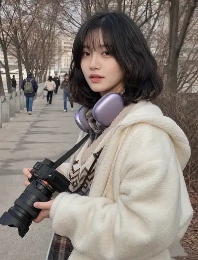 Candid winter street-photography portrait with camera