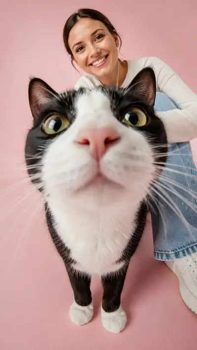 Selfie de ángulo ultra amplio con gato curioso