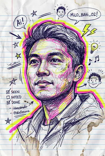 Chaotic notebook doodle portrait with neon markers and comic scribbles