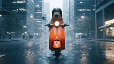 Capybara on Scooter in Rainy City