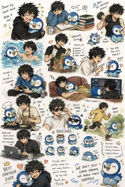 Anime-style illustration sheet of a young man and Piplup