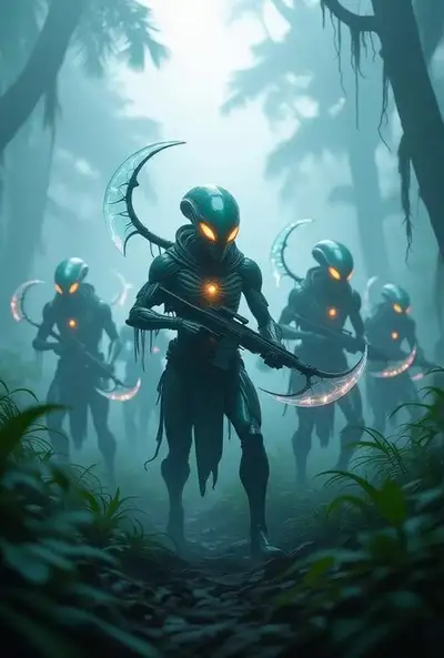 Alien troops in foggy jungle
