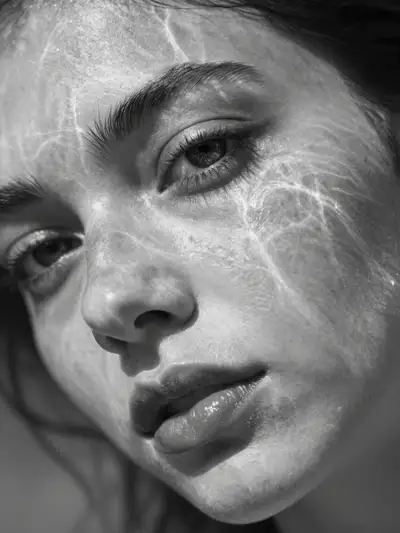 Extreme close-up monochrome portrait of a face half submerged in water
