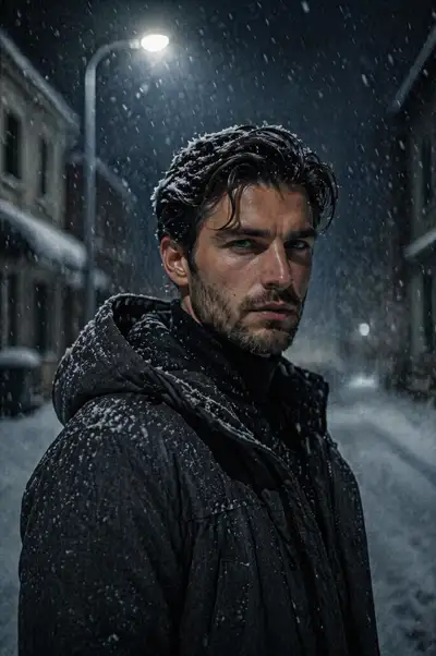 Winter noir cinematic portrait in snowfall