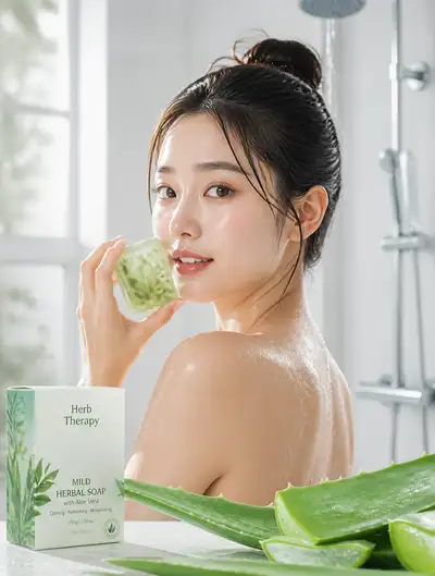 East Asian woman with herbal soap bathroom ad