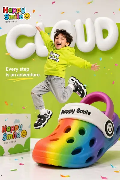 Bright childrens shoe brand advertisement poster